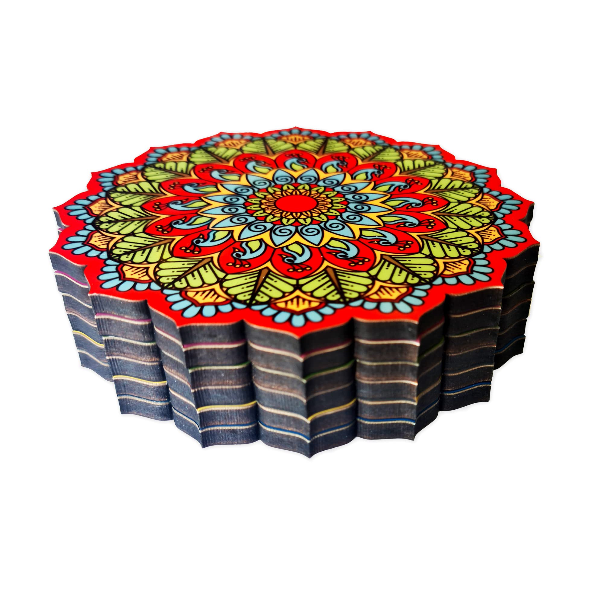Ambiyaa Pine Set Of 6 Mandala 4 Inch Coasters | Unique Handmade Designs | Flower Shaped | 10 Cm Diameter